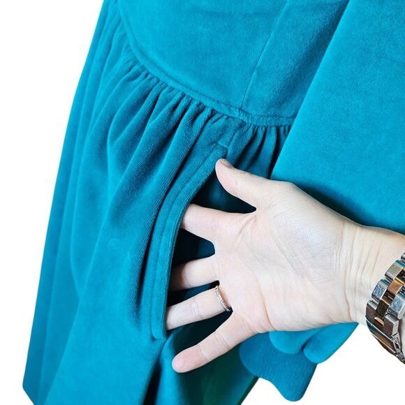 80s Womens Medium Dropwaist Velour Dress Mockneck Teal Turquoise Blue Green - Picture 3 of 9
